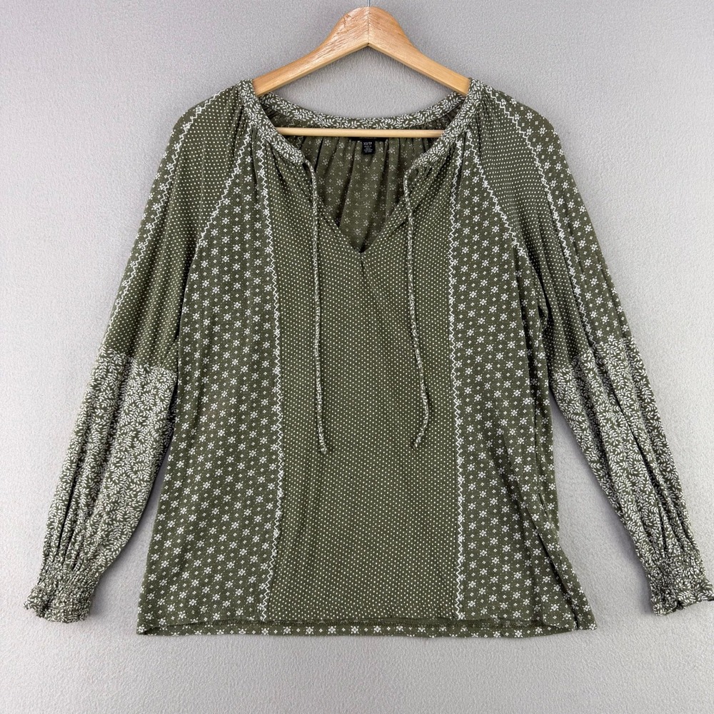 Lucky Brand Boho Peasant Top Women XS Green Floral Long Sleeve Western